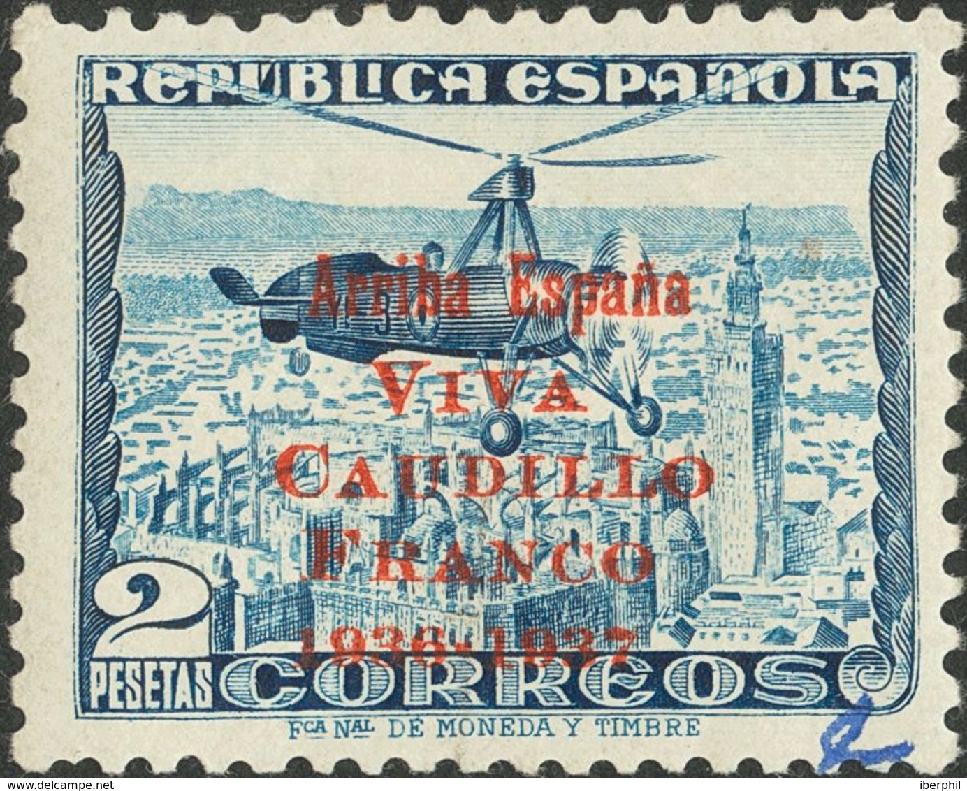 **15hcc. 1937. 2 Pts Azul (manchita De Tinta En Esquina Inferior Derecha). Variedad CAMBIO DE COLOR DE LA SOBRECARGA, En - Otros & Sin Clasificación