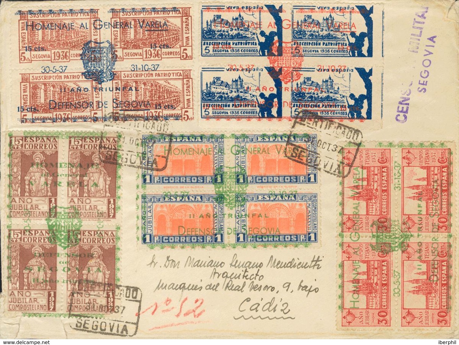 Sobre 12/14. 1937. Serie Completa, Incluyendo Benéficos De 5 Cts Azul Y 5 Cts Castaño. Certificado De SEGOVIA A CADIZ. A - Otros & Sin Clasificación