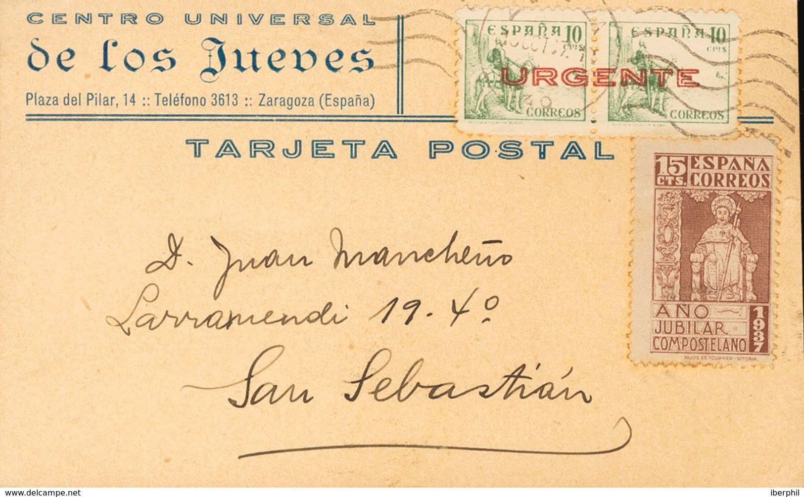 Sobre 57. 1939. 10 Cts Verde Y 15 Cts Castaño (tonalizados). Tarjeta Postal De ZARAGOZA A SAN SEBASTIAN. BONITA. - Other & Unclassified