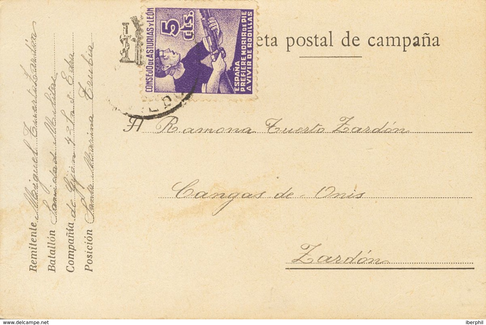 Sobre 2. 1937. 5 Cts Violeta. Tarjeta Postal De TRUBIA A ZARDON. MAGNIFICA. - Otros & Sin Clasificación
