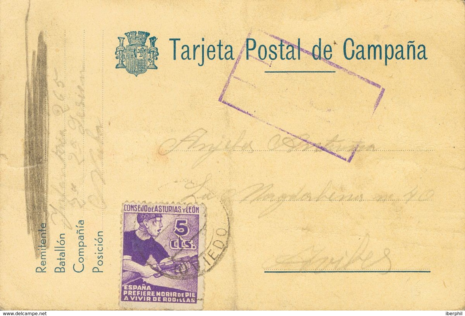 Sobre 2. 1937. 5 Cts Violeta. Tarjeta Postal De Campaña De NAVA A AVILES. MAGNIFICA. - Otros & Sin Clasificación