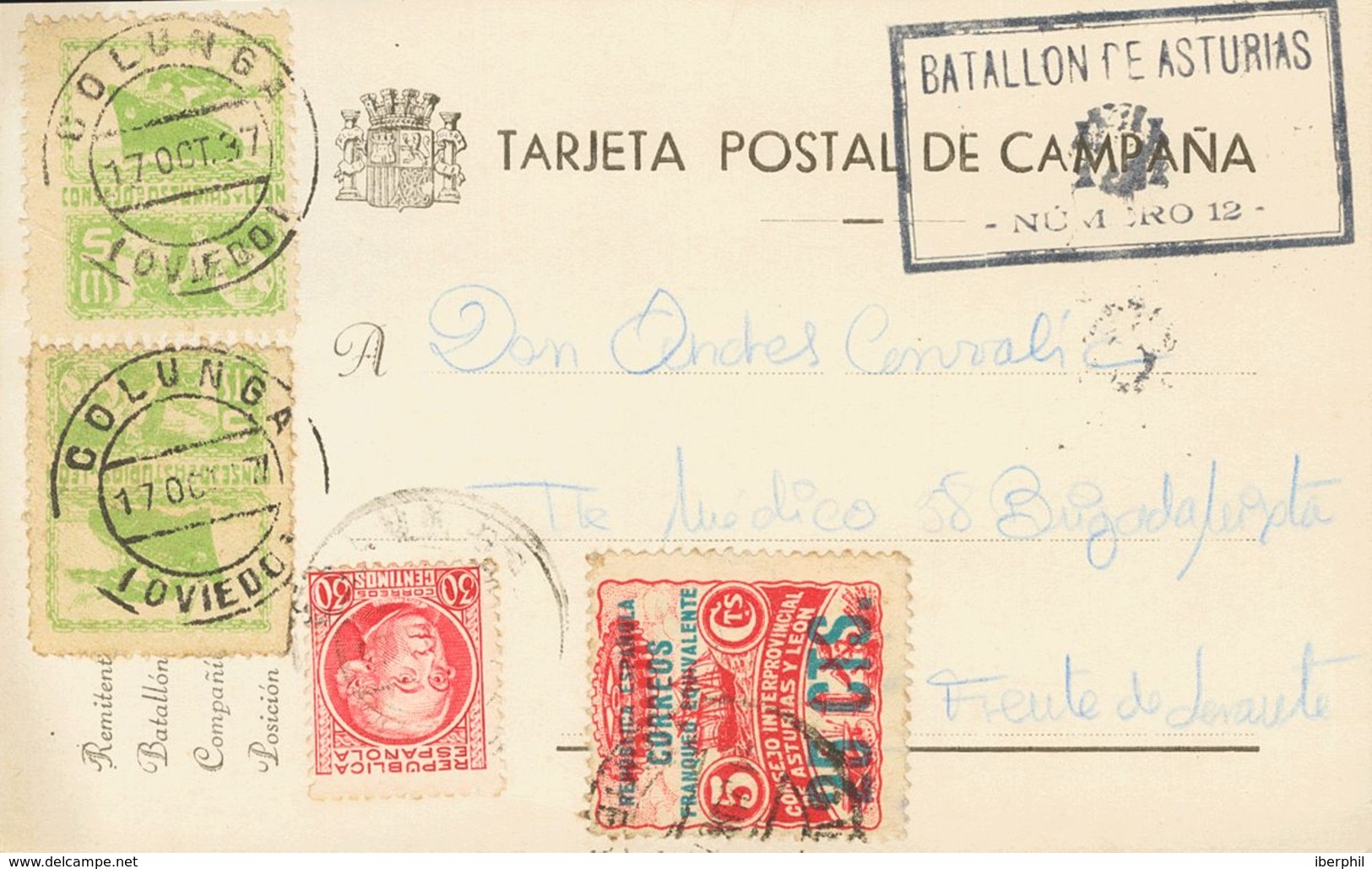 Sobre 8, 5(2). 1937. 25 Cts Sobre 5 Cts Rojo, 5 Cts Verde Amarillo, Dos Sellos Y 30 Cts Carmín. Tarjeta Postal De Campañ - Other & Unclassified