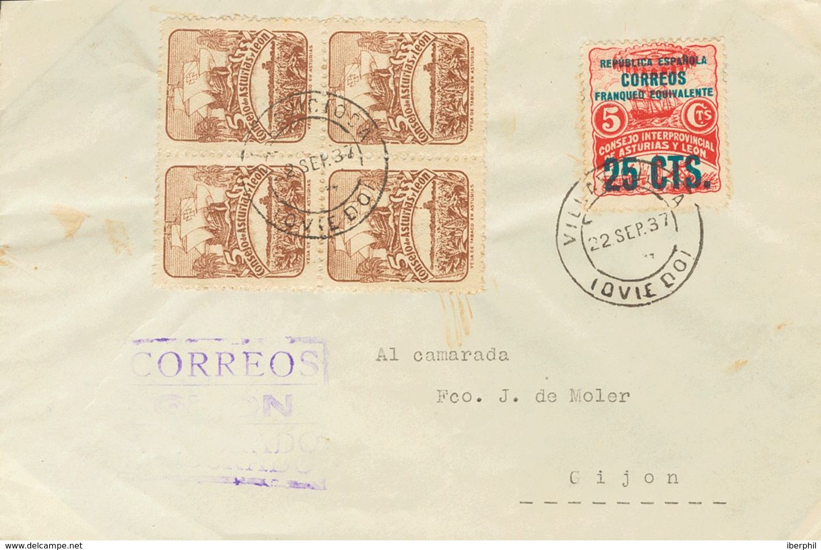 Sobre 8, 6(4). 1937. 25 Cts Sobre 5 Cts Rojo Y 5 Cts Castaño, Bloque De Cuatro. Carta Filatélica De VILLAVICIOSA (ASTURI - Other & Unclassified