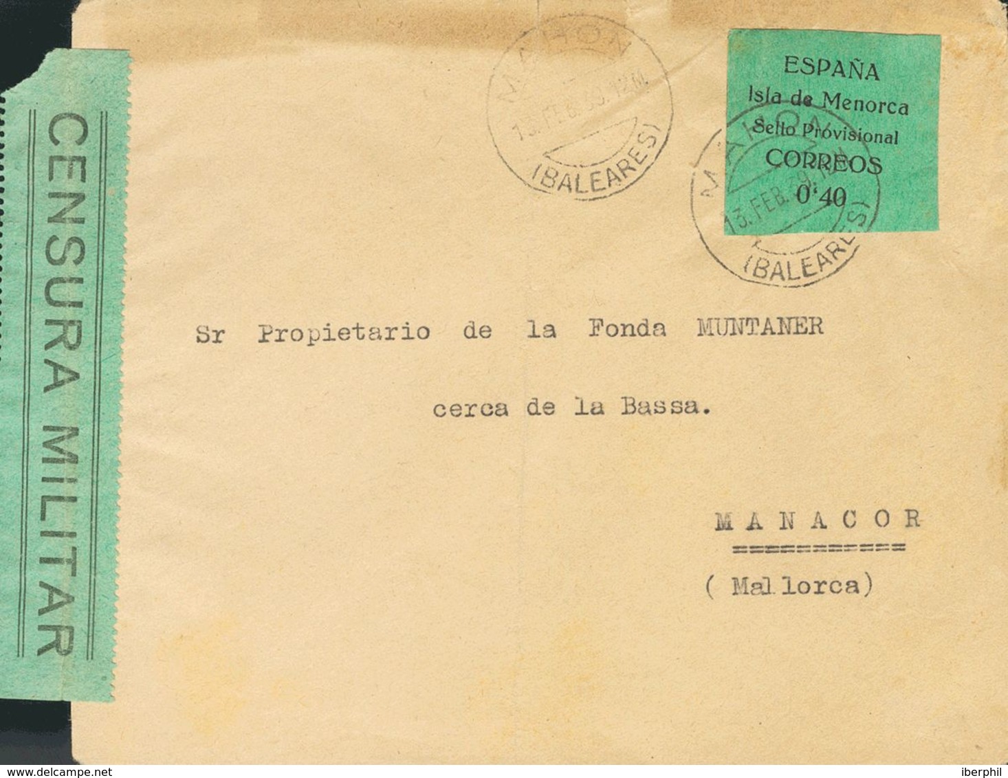 Sobre 1. 1939. 0'40 Pts Negro Sobre Verde. MAHON A MANACOR. Al Dorso Llegada. MAGNIFICA. - Otros & Sin Clasificación