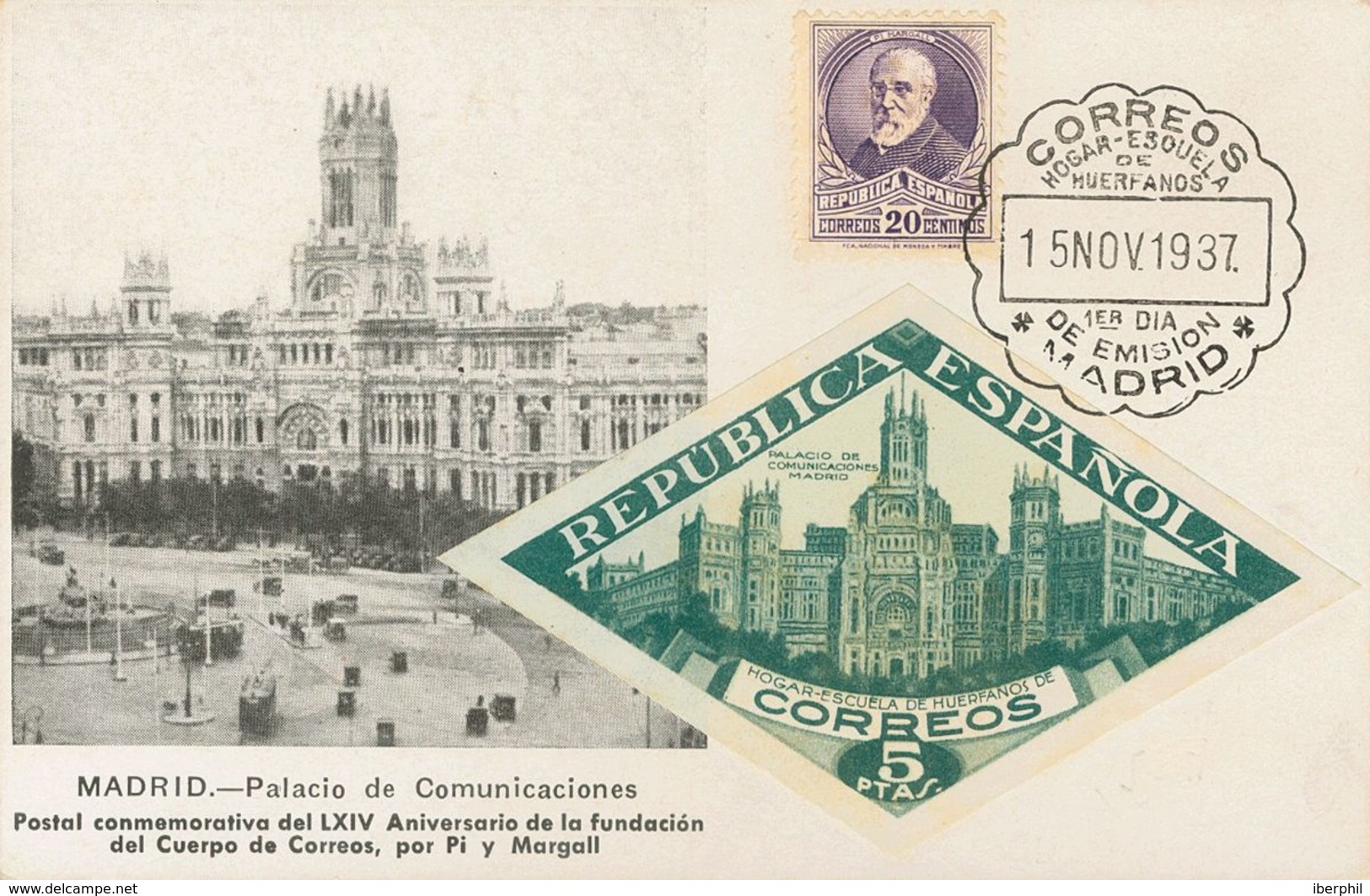 ºSH18. 1937. 5 Cts Verde, Procedente De La Hoja Bloque SIN DENTAR (manchitas) Y 20 Cts Violeta Sobre Tarjeta Postal. BON - Other & Unclassified
