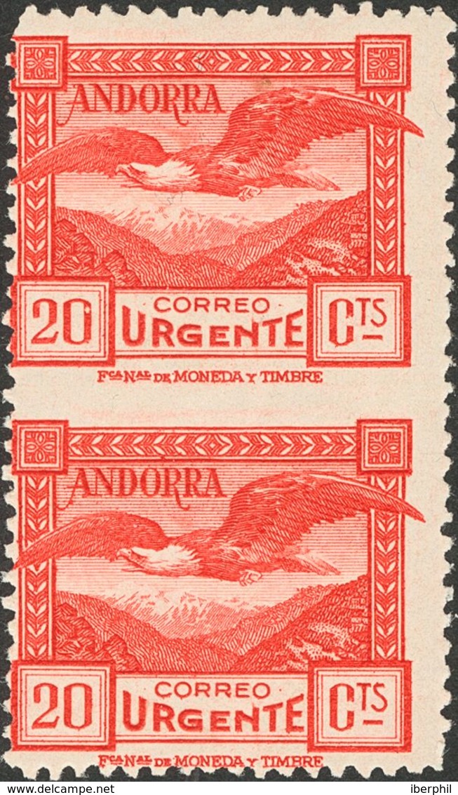 **27spv. 1929. 20 Cts Rojo, Parja Vertical. SIN DENTAR ENTRE LOS SELLOS. MAGNIFICO Y MUY RARO. Edifil 2013: +775 Euros - Other & Unclassified