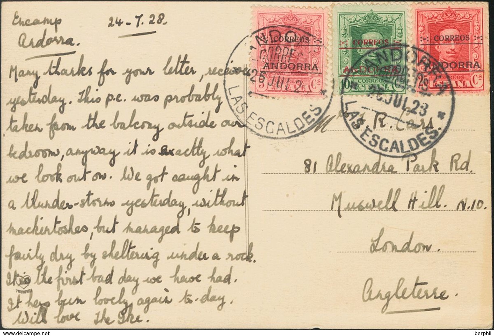 Sobre 2, 3, 6. 1923. 5 Cts Rojo Carmín, 10 Cts Verde Y 25 Cts Rojo. Tarjeta Postal De ENCAMP A LONDRES (INGLATERRA). MAG - Sonstige & Ohne Zuordnung