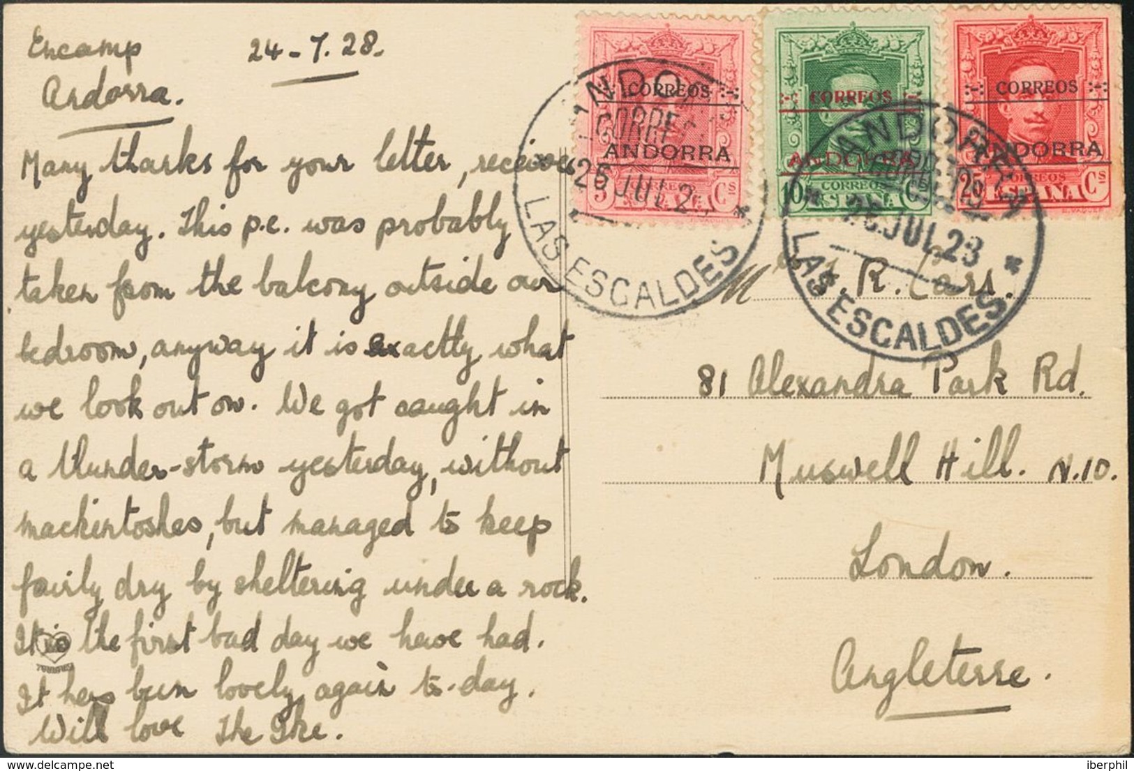 Sobre 2, 3, 6. 1923. 5 Cts Rojo Carmín, 10 Cts Verde Y 25 Cts Rojo. Tarjeta Postal De ENCAMP A LONDRES (INGLATERRA). MAG - Other & Unclassified