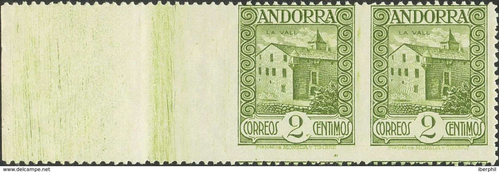 **15sphi. 1929. 2 Cts Verde Oliva, Pareja. SIN DENTAR ENTRE LOS SELLOS Y MARGEN IZQUIERDO. MAGNIFICA Y RARA. Edifil 2013 - Other & Unclassified