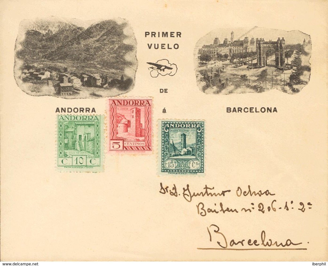 Sobre 16/18. 1929. 5 Cts Lila, 10 Cts Verde Y 15 Cts Azul Gris. Carta (no Circulada) Del 1º Vuelo De ANDORRA A BARCELONA - Andere & Zonder Classificatie