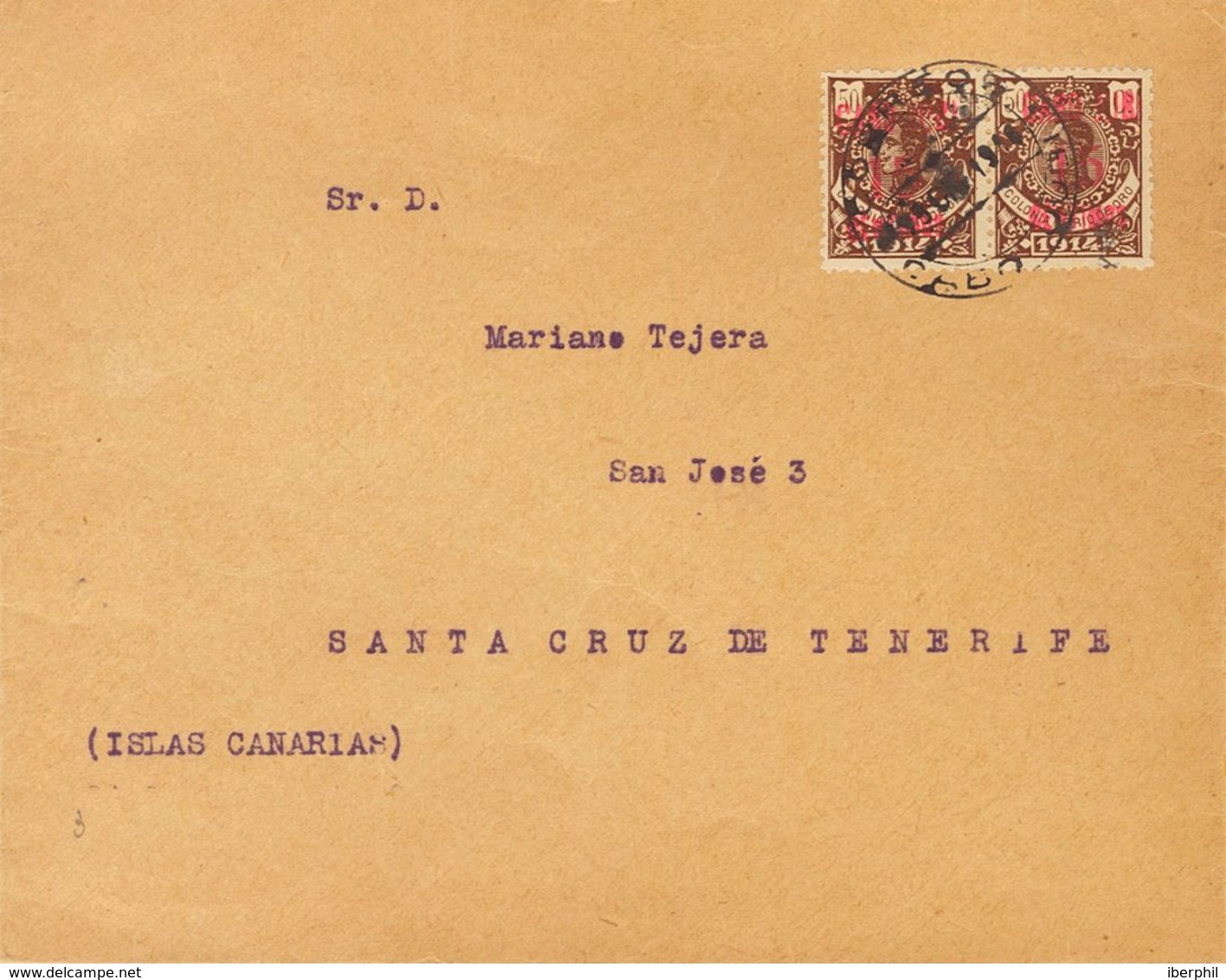 Sobre 3(2). 1916. 15 Cts Sobre 50 Cts Castaño, Dos Sellos. Carta Filatélica De CABO JUBY A SANTA CRUZ DE TENERIFE. Al Do - Otros & Sin Clasificación