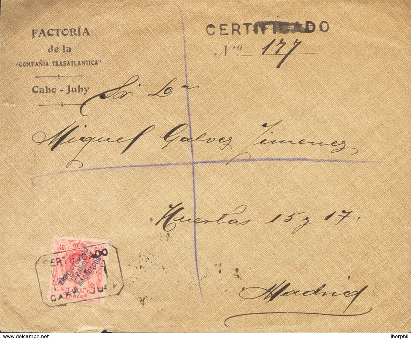 Sobre 4J. 1919. 40 Cts Rosa Sello De Marruecos. Certificado De CABO JUBY A MADRID. Al Dorso Llegada. MAGNIFICA Y RARA, E - Otros & Sin Clasificación