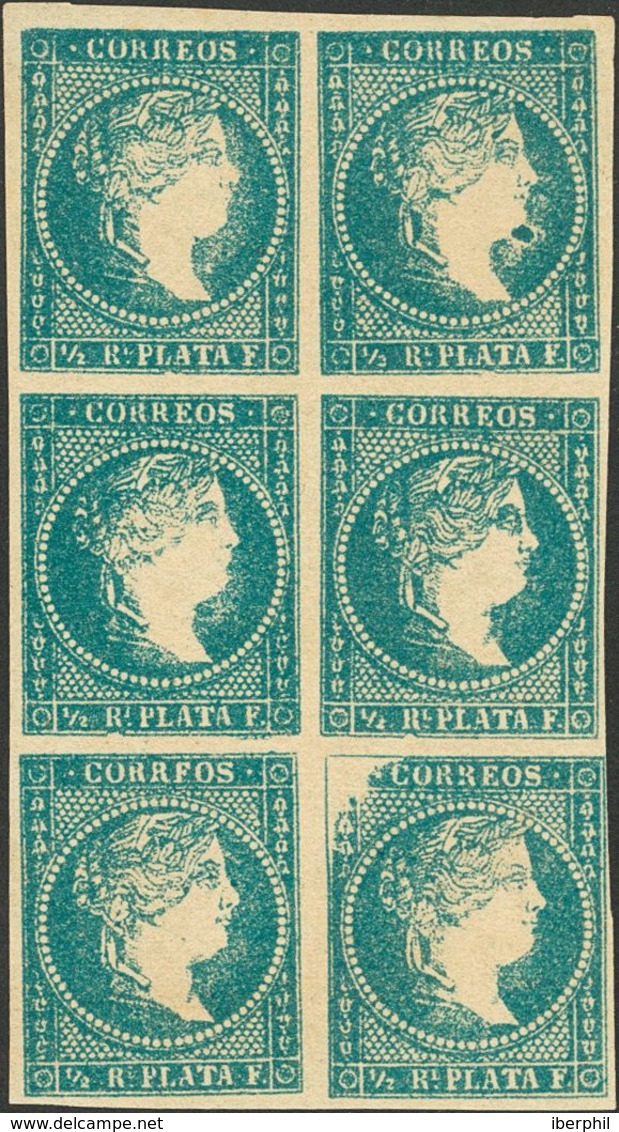 *Ant.7ipb. 1857. ½ Real Azul Verdoso, Bloque De Seis. Un Sello Variedad FALTA DE IMPRESION EN LA ESQUINA SUPERIOR Y Un S - Otros & Sin Clasificación