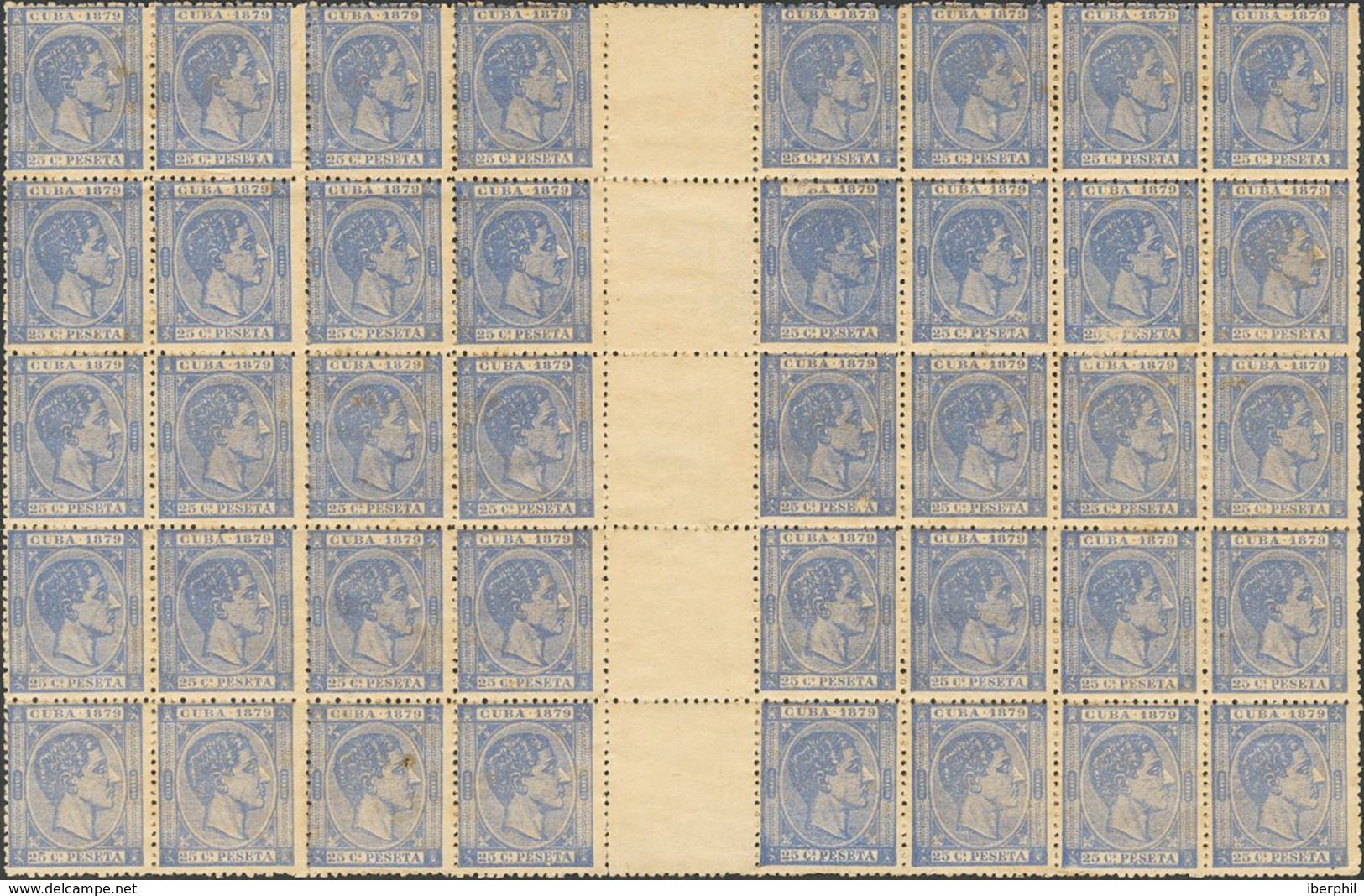 **53(20)+53(20). 1879. Dos Bloques De Veinte Del 25 Cts Azul Unidos Por Su Correspondiente INTERPANEL. MAGNIFICO Y RARO. - Other & Unclassified