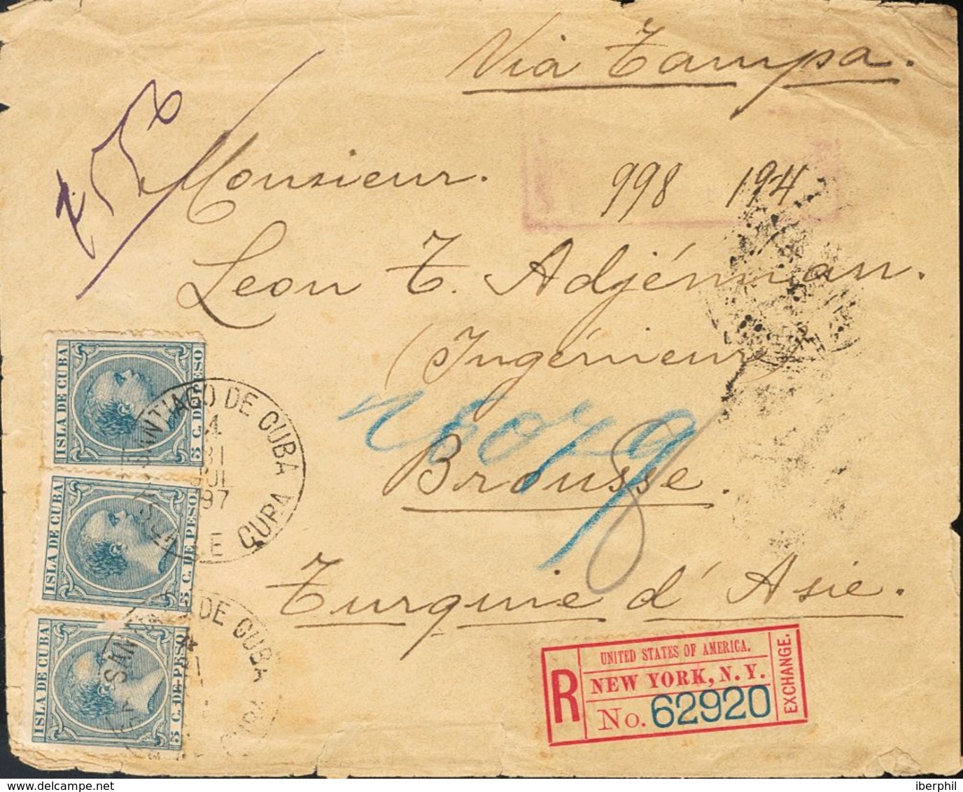 Sobre 149(3). 1897. 5 Ctvos Azul, Tres Sellos. Certificado De SANTIAGO DE CUBA A BURSA (TURQUIA), Circulada Vía Tampa Y  - Other & Unclassified