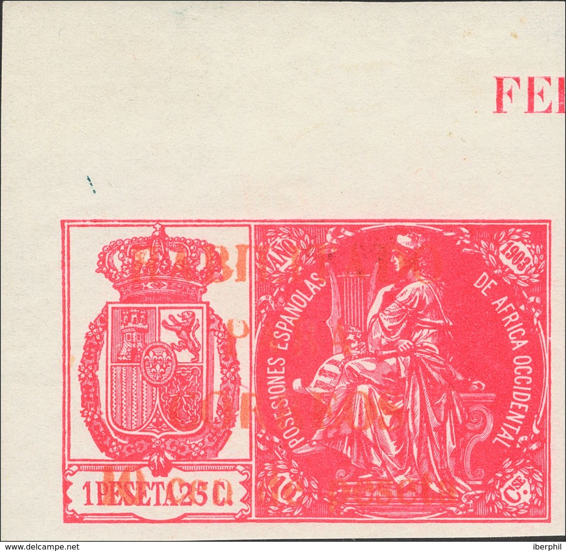 *26H. 1904. 10 Cts Sobre 1'25 Pts Rosa (sobrecarga Carmín), Esquina De Pliego. MAGNIFICO Y RARO. Cert. CEM. Edifil 2018: - Other & Unclassified