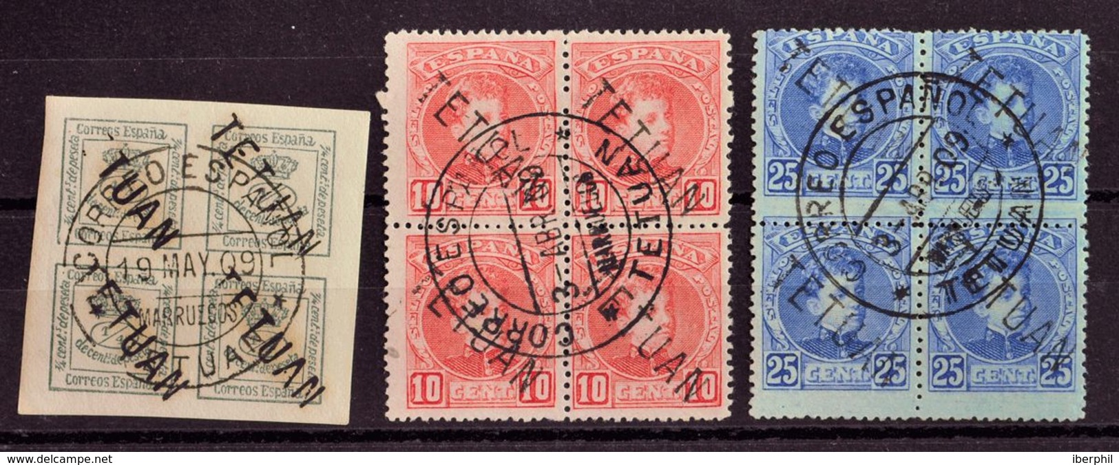 º14hx, 17hx(4), 20hx(4). 1908. 4/4 Cts Verde Y El 10 Cts Rojo Y El 25 Cts Azul, En Bloques De Cuatro. SOBRECARGA DE ARRI - Other & Unclassified
