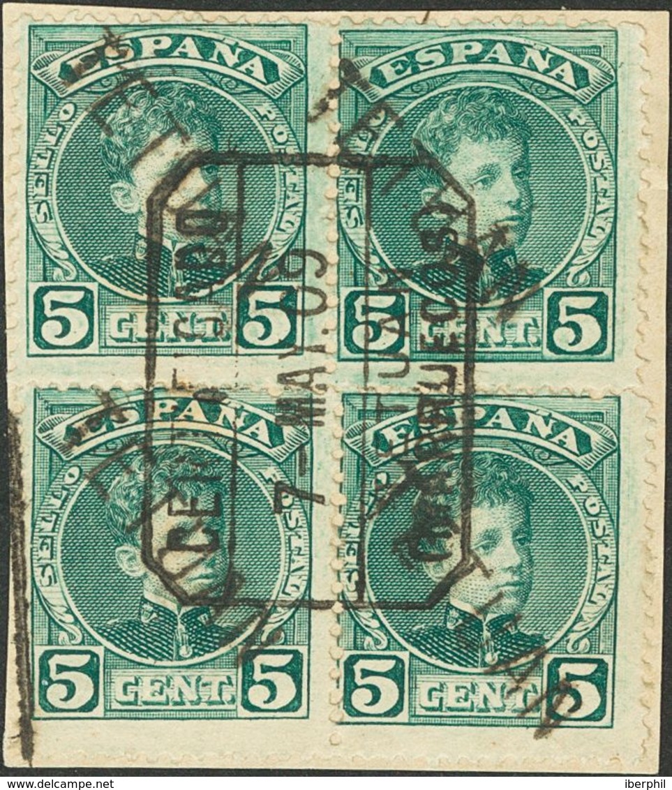 Fragmento 16hx(4). 1908. 5 Cts Verde, Bloque De Cuatro, Sobre Fragmento. SOBRECARGA DE ARRIBA A ABAJO. MAGNIFICO Y MUY R - Other & Unclassified