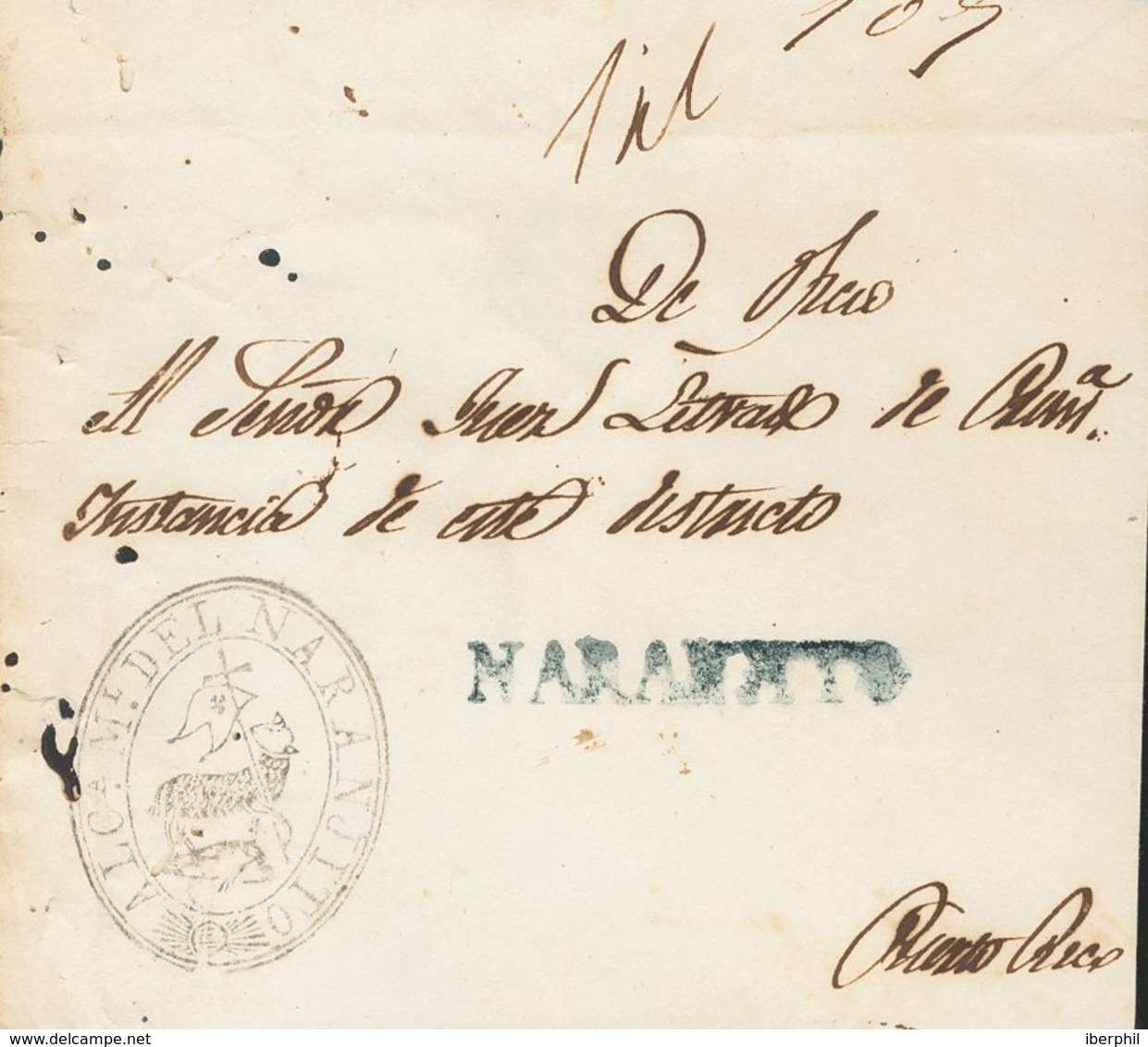 Sobre . (1850ca). NARANJITO A SAN JUAN. Marca NARANJITO, En Azul (P.E.1) Edición 2004. MAGNIFICA Y RARISIMA. - Other & Unclassified