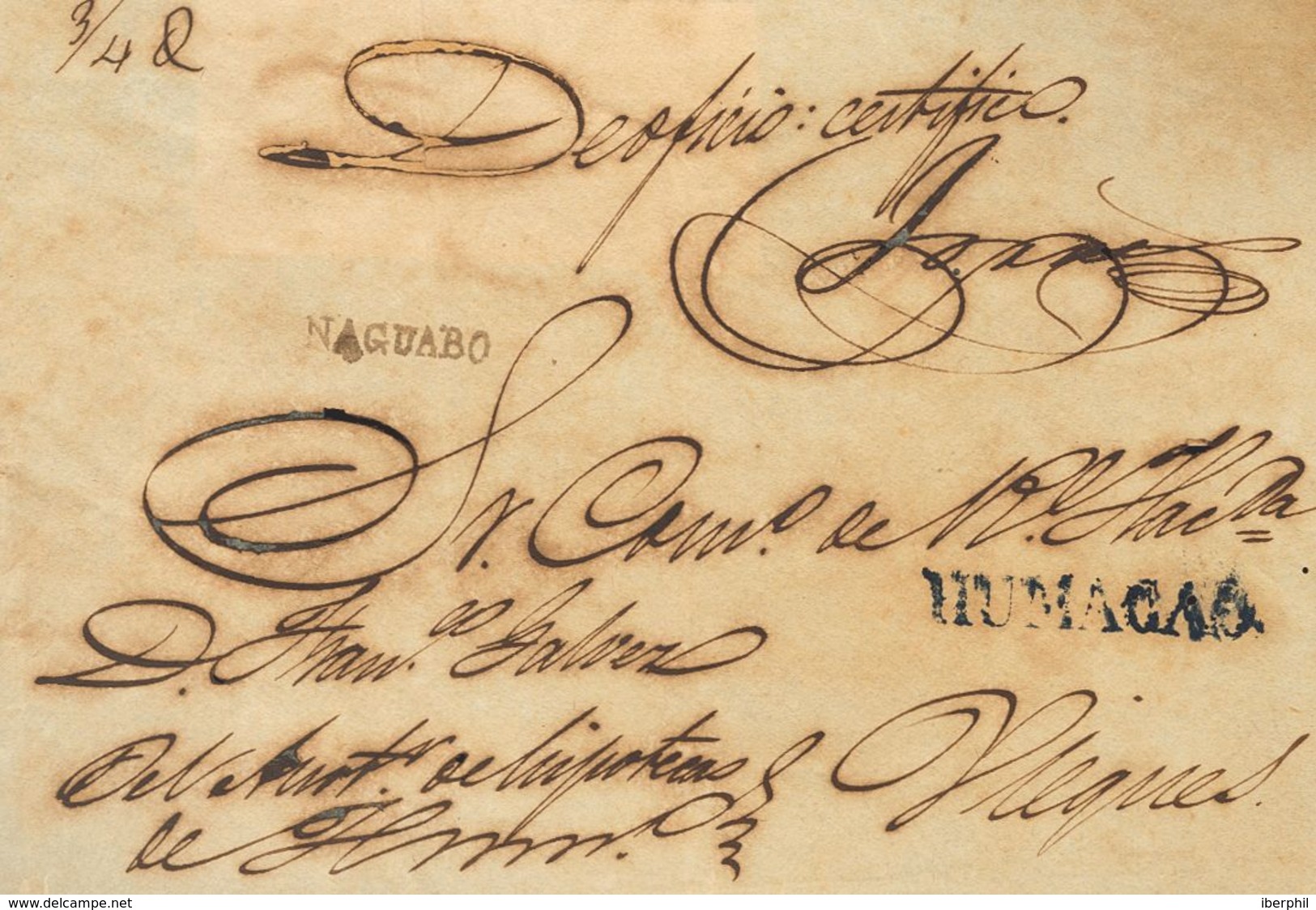 Sobre . (1841ca). Frontal De HUMACAO A VIEQUES (alguna Erosión Habitual). Marcas HUMACAO, En Azul (P.E.1) Edición 2004 Y - Otros & Sin Clasificación