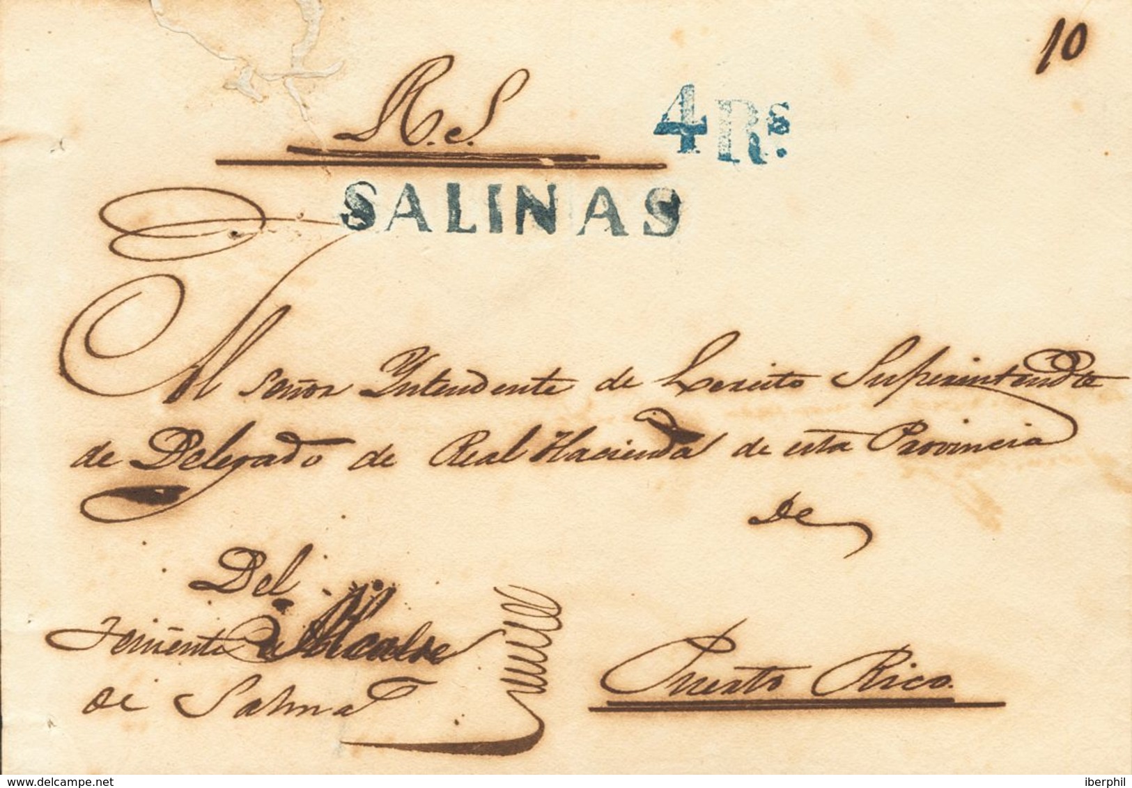 Sobre . (1850ca). SALINAS A SAN JUAN (algunas Erosiones). Marca SALINAS, En Azul (P.E.1) Edición 2004 Y Porteo "4 Rs" (r - Sonstige & Ohne Zuordnung