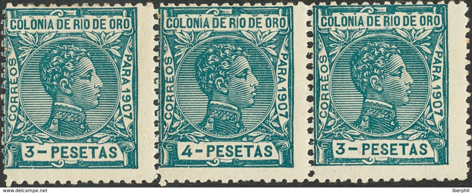 *30, 31ec, 30. 1907. 3 Pts Verde, Tira De Tres Incluyendo El 4 Pts Verde ERROR DE COLOR. MAGNIFICO Y RARISIMO. Edifil 20 - Other & Unclassified