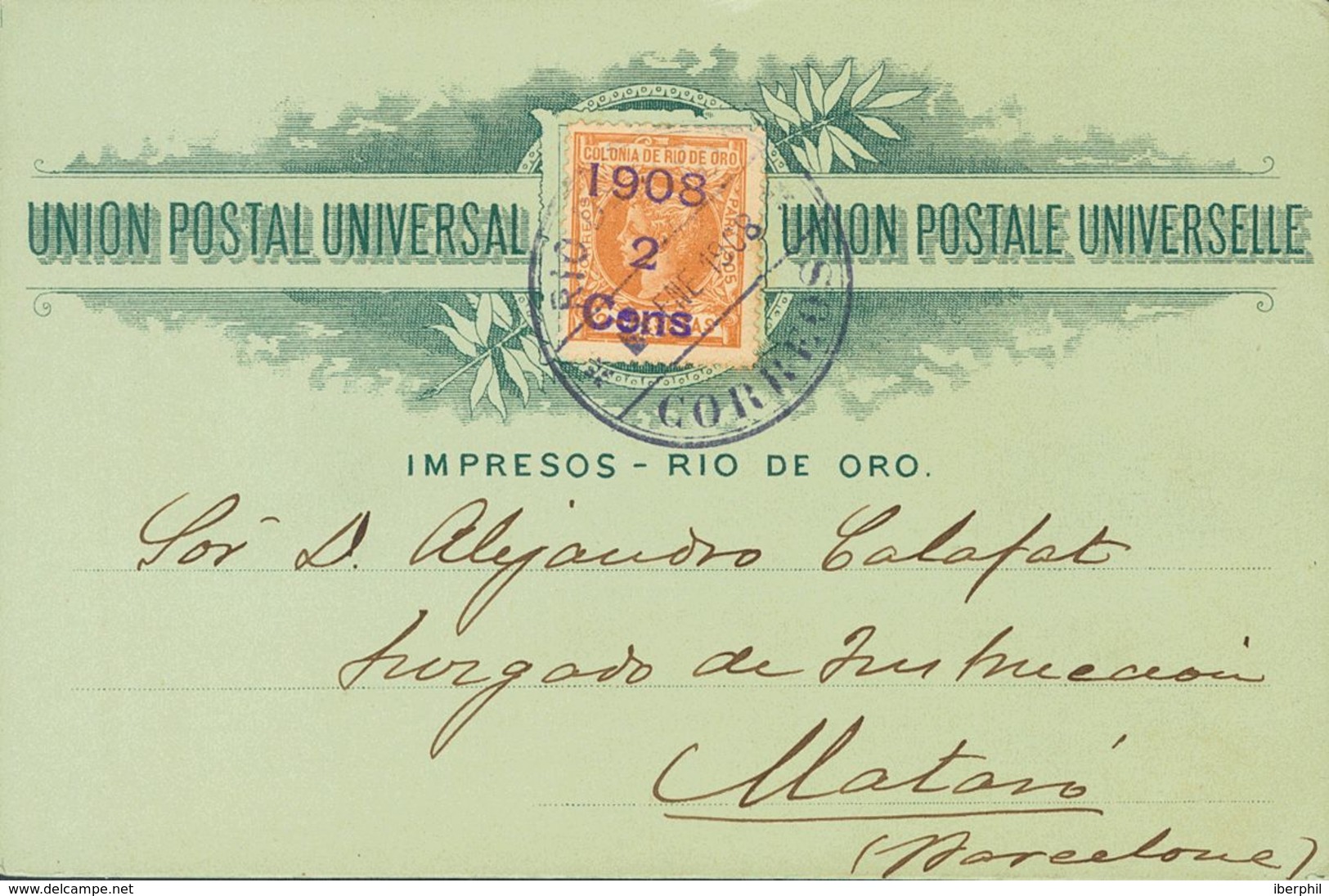 Sobre 34. 1908. 2 Cts Sobre 2 Pts Sepia. Tarjeta Postal De La Sociedad Filatélica Catalana De RIO DE ORO A MATARO. Matas - Other & Unclassified