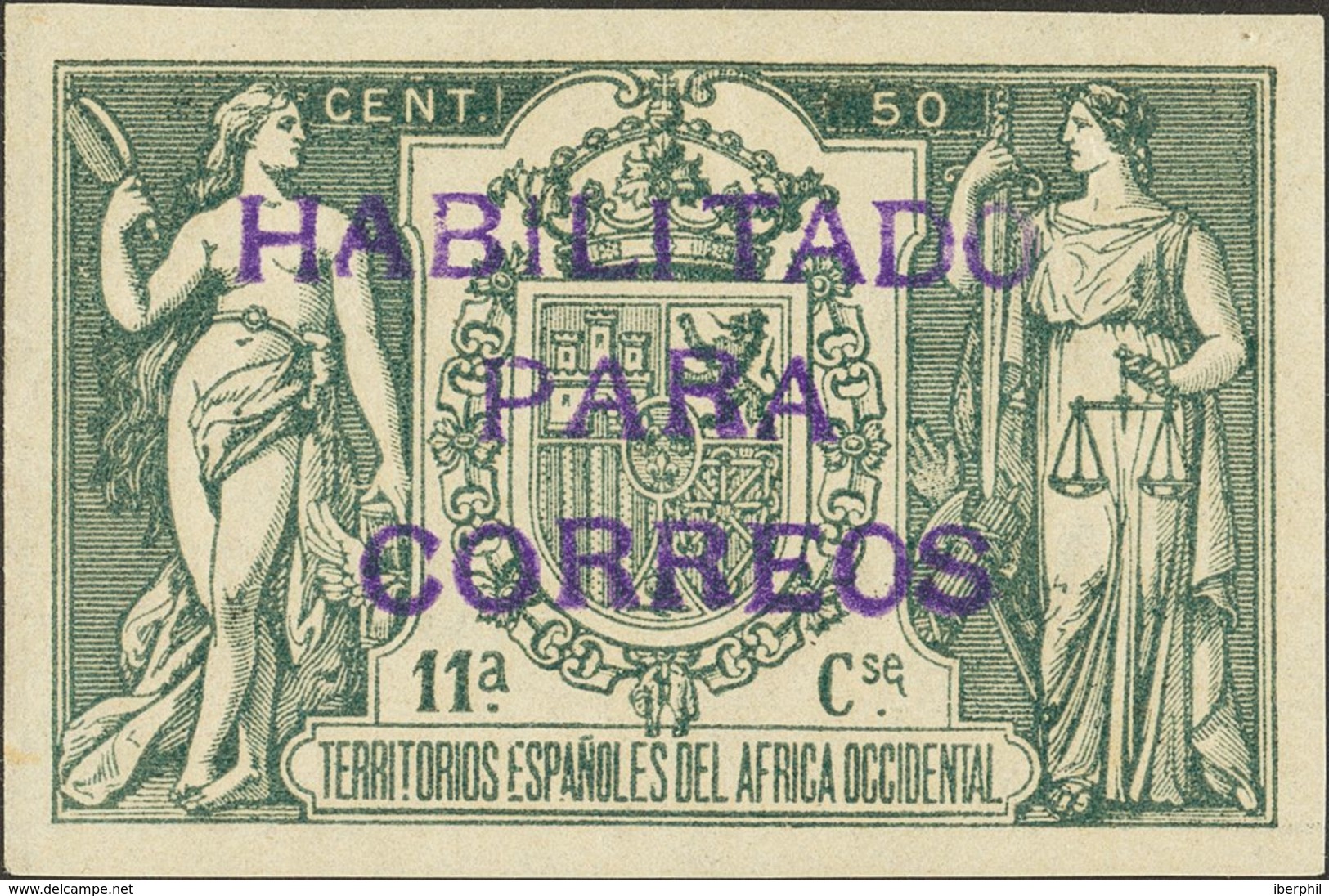 *40Dhpc. 1908. 5 Cts Sobre 50 Cts Verde. Variedad SIN RIO DE ORO NI 5 CENS. MAGNIFICO Y MUY RARO. Cert. EXFIMA. Edifil 2 - Other & Unclassified