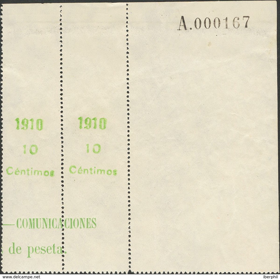 **55MP(2). 1910. 10 Cts Verde Sobre Borde De Hoja, Pareja, Esquina De Pliego Con Número. MAGNIFICA. Edifil 2013: +110 Eu - Other & Unclassified