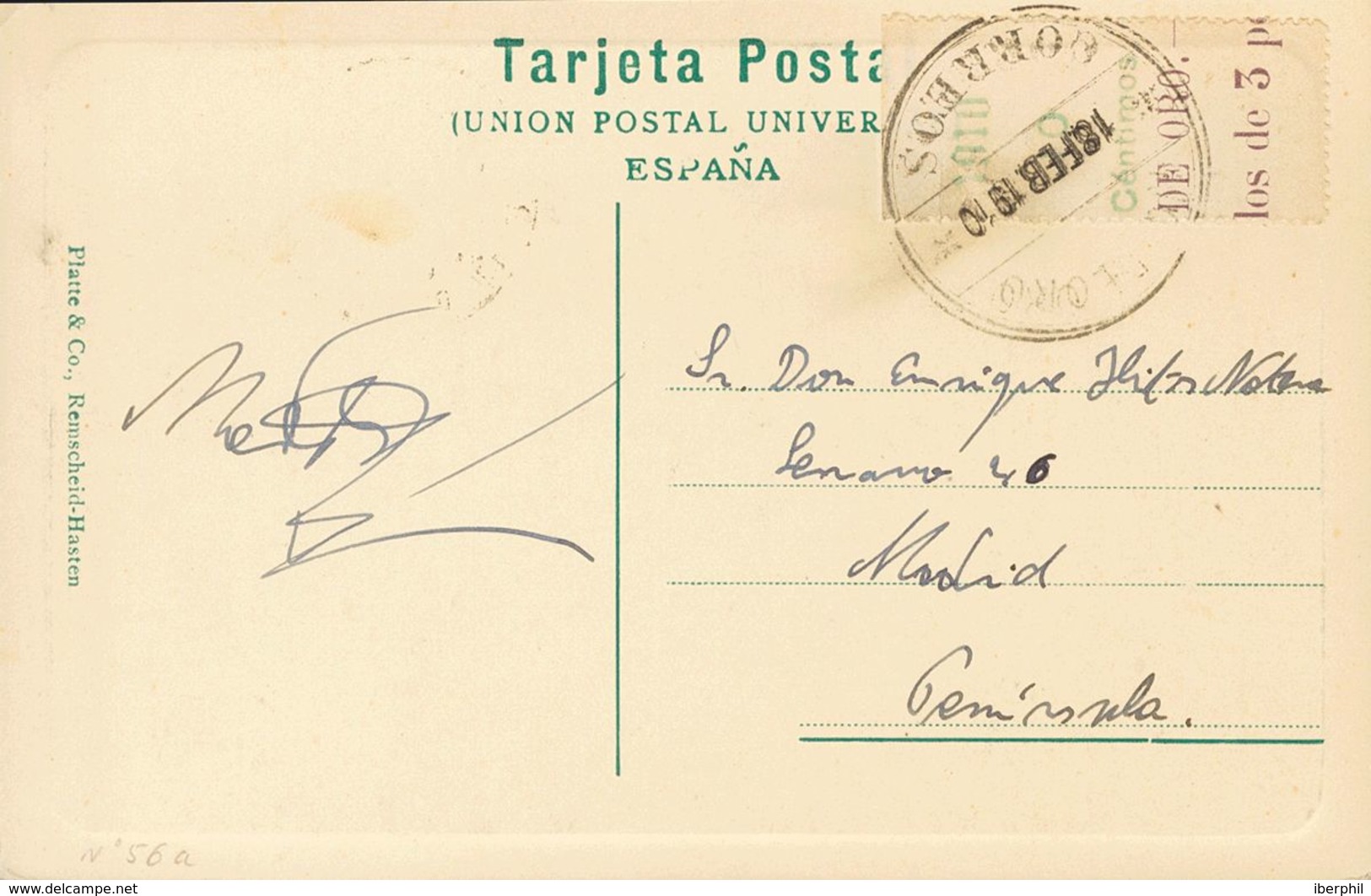 Sobre 56MP. 1910. 10 Cts Verde Sobre Borde De Hoja. Tarjeta Postal De RIO DE ORO A MADRID. Matasello RIO DE ORO / CORREO - Otros & Sin Clasificación