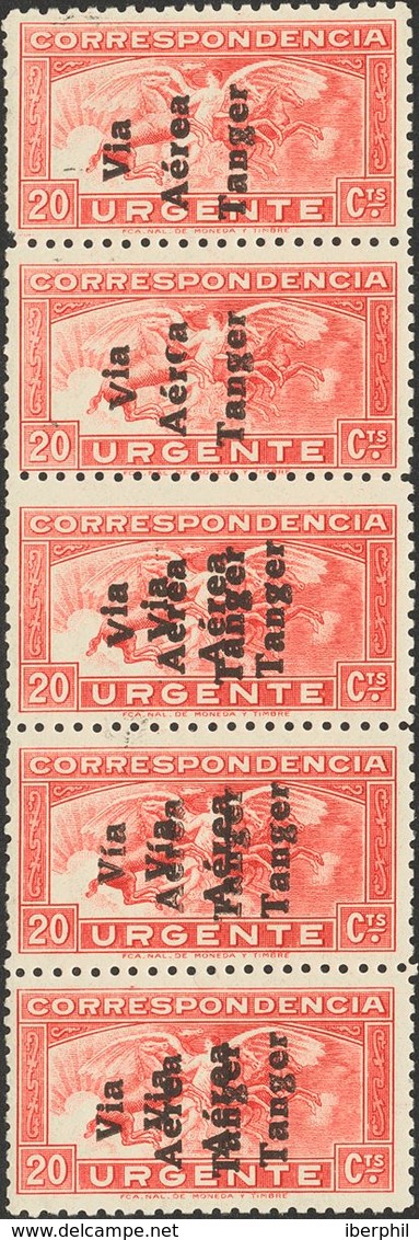 **141(2), 141hh(3). 1938. 20 Cts Rojo, Tira De Cinco. Tres Sellos SOBRECARGA DOBLE, DE LOS QUE DOS SON CON "VIA" SIN ACE - Sonstige & Ohne Zuordnung