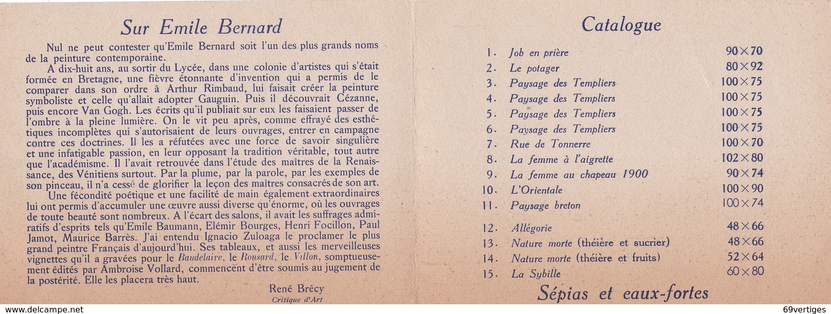 Emile BERNARD, Expositionà La Galerie Du Musée Des Beaux Arts à Nîmes, Invitation Au Vernissage 20 Février 1943 - Huiles