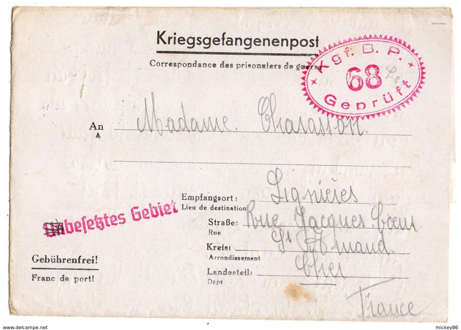 Allemagne-1941--Lettre Censurée Stalag I B-68--Lager-Bezeichnung Pour Lignieres (France)-Prisonnier De Guerre-- Cachets - Militaria