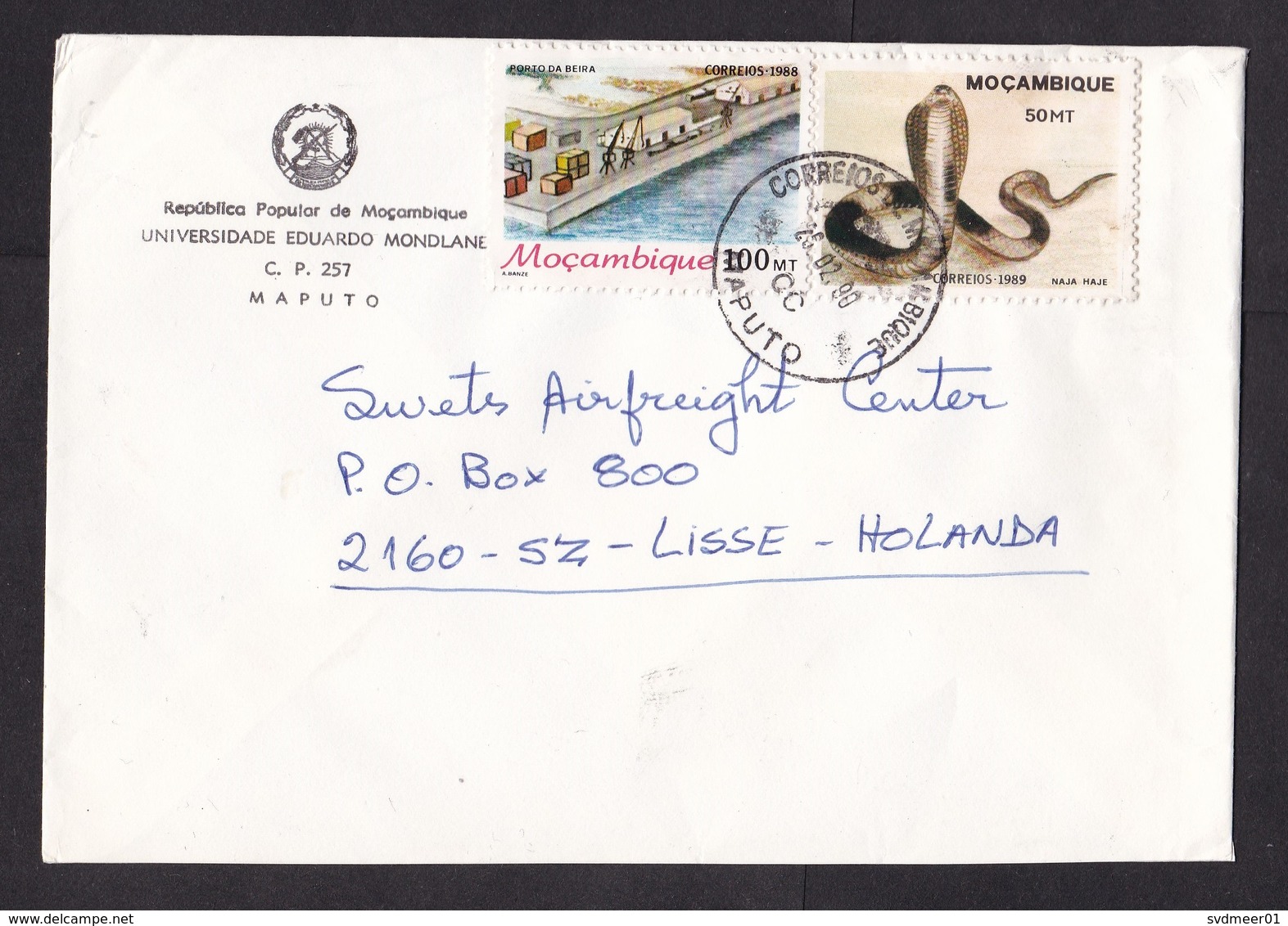 Mozambique: Cover To Netherlands 1990, 2 Stamps, Snake, Reptile, Port, Harbour (traces Of Use) - Mozambique
