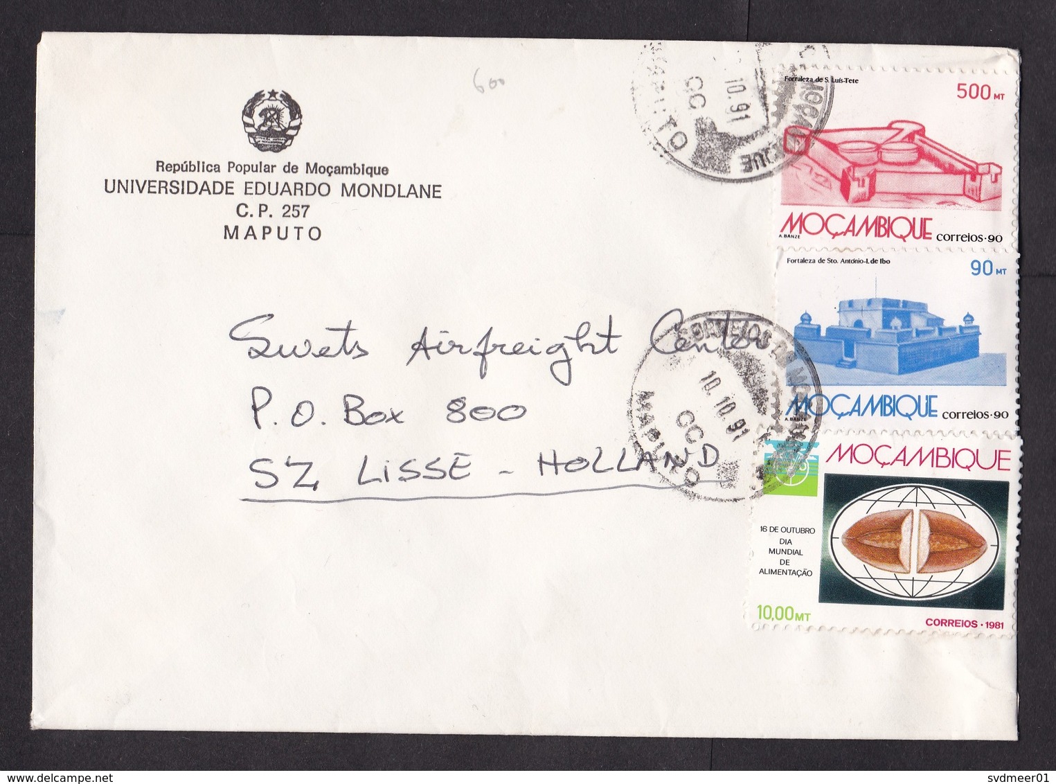 Mozambique: Cover To Netherlands 1991, 3 Stamps, Fortress, Military Architecture, Food Year, Bread (minor Damage) - Mozambique