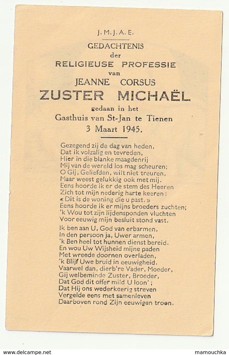 Religieuse Professie Jeanne CORSUS Zuster Michaël Gasthuis St. Jan Tienen 1945 Imalit Maredret A.P.34 - Images Religieuses