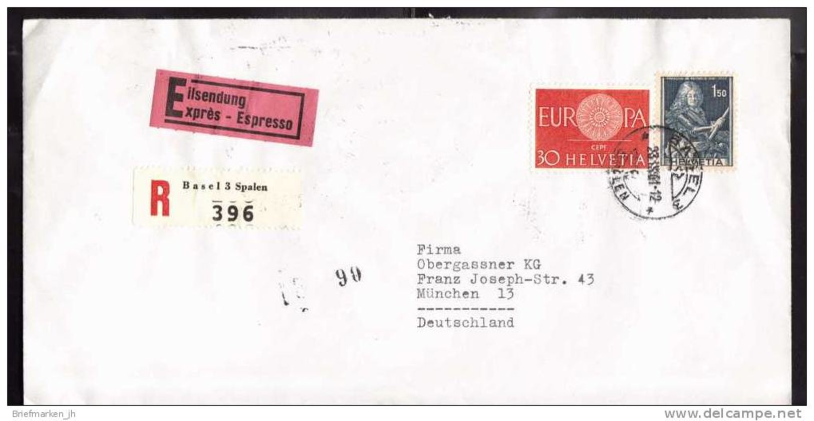 Schweiz Express R- Brief Registered Cover Basel 3 Spalen 28.03.61 -- P. Thürlemann Radio-Fachgeschäft (2 Scan)(0012352) - Lettres & Documents