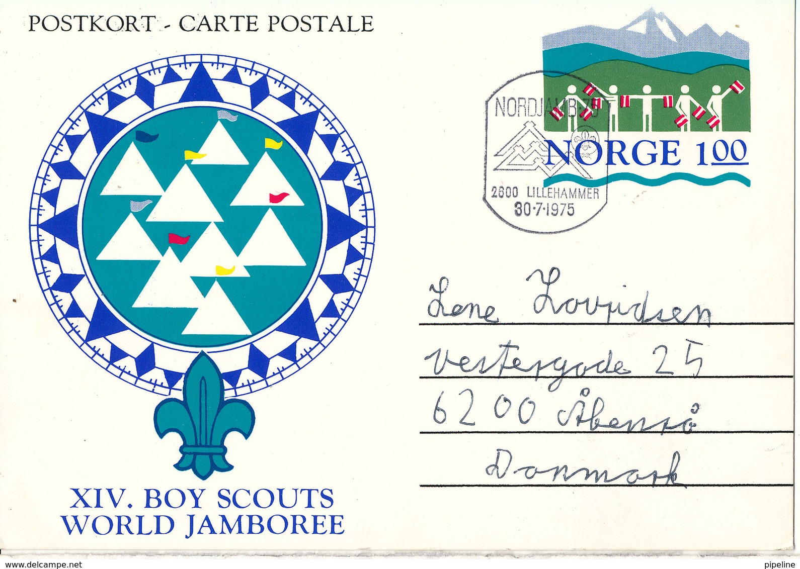 Norway Postcard Postal Stationery XIV. Boy Scouts World Jamboree Nordjamb 75 Lillehammer 30-7-1975 Sent To Denmark - Covers & Documents