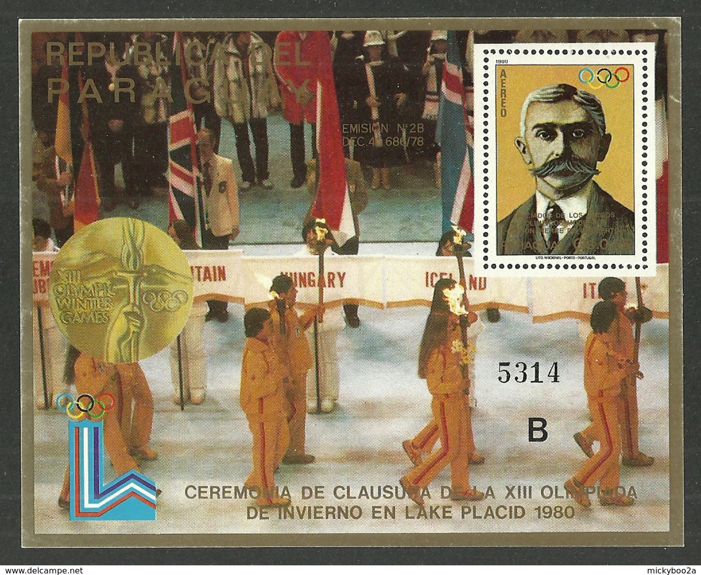 PARAGUAY 1980 OLYMPICS LAKE PLACID CEREMONY COUBERTIN M/SHEET MNH - Paraguay