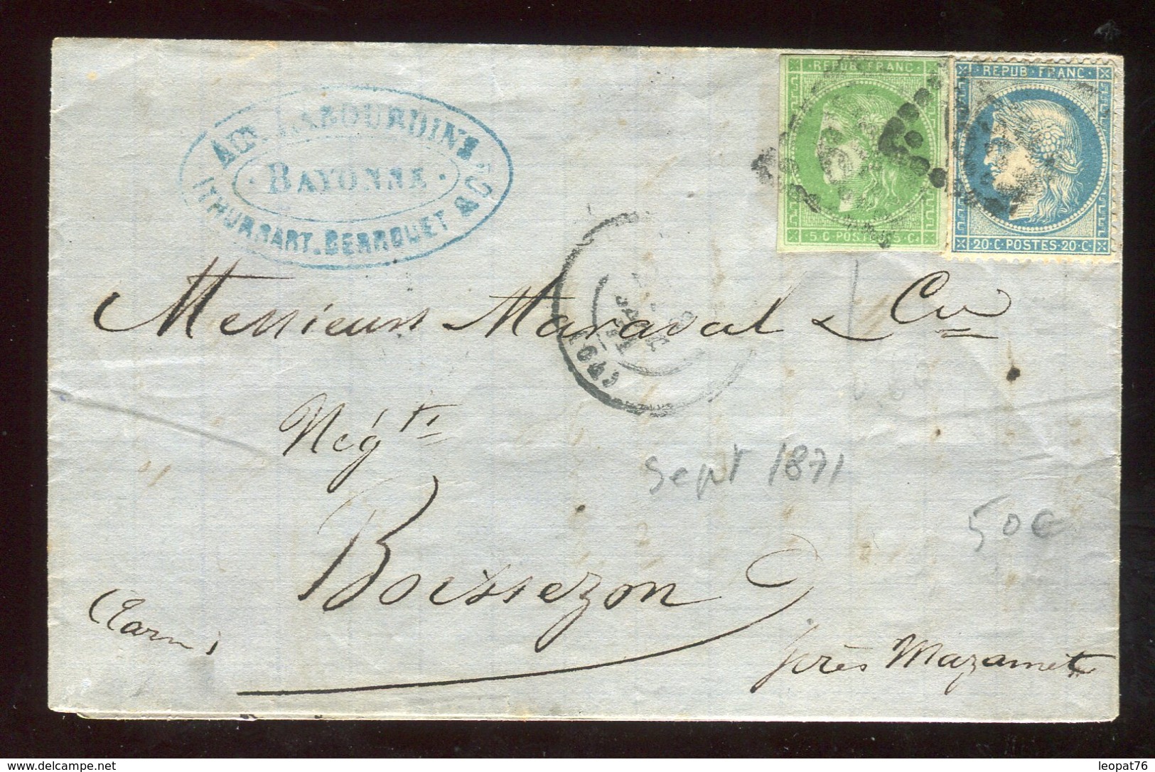 Lettre ( Avec Texte ) De Bayonne Pour Boissezon En Septembre 1871 , Affr. Bordeaux / Cérès - N318 - 1849-1876: Classic Period