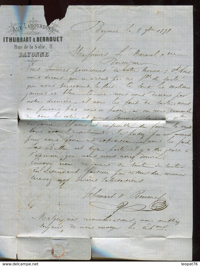 Lettre ( Avec Texte ) De Bayonne Pour Boissezon En Septembre 1871 , Affr. Bordeaux / Cérès - N318 - 1849-1876: Classic Period