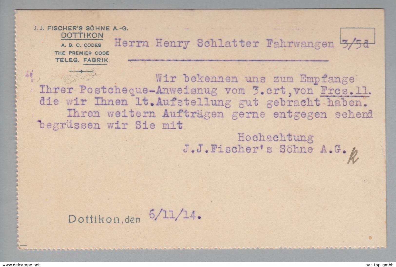 Schweiz 1914-06-06 Dottikon Postkarte Mit Perfin #028 J.J.Fischer Söhne AG - Lettres & Documents