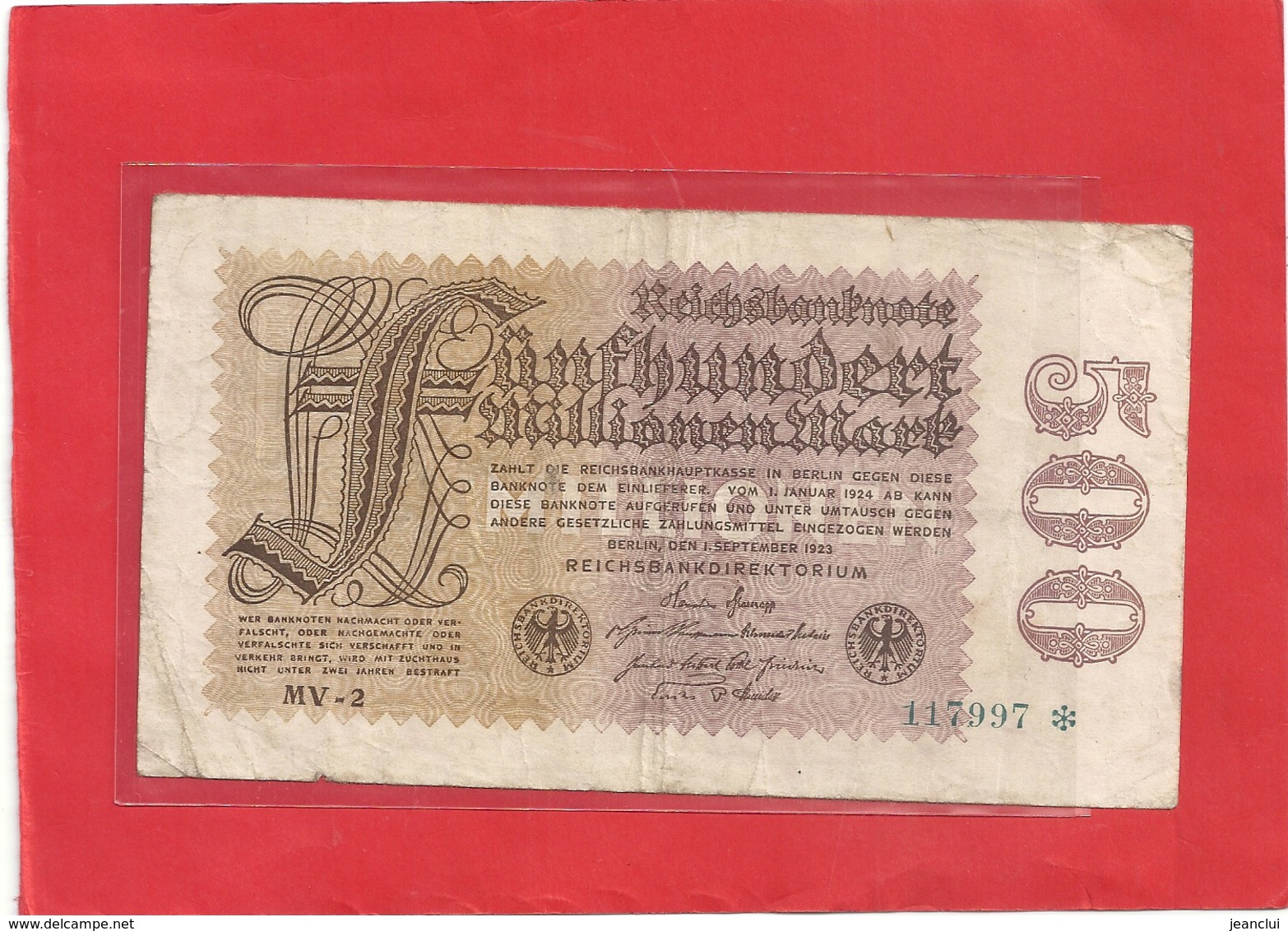 REICHSBANKNOTEN . 500 MO MARK .  1.9.1923  .  N°  117997  . 2 SCANES - 500 Mark