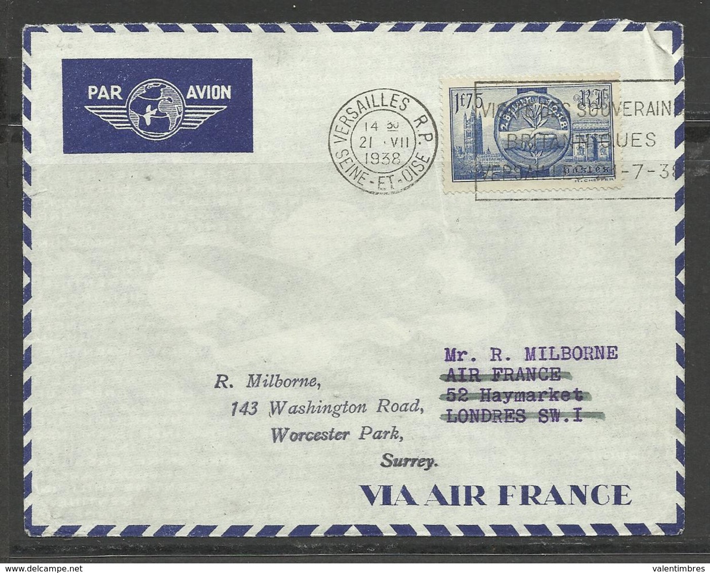 Poste Aérienne Lettre Air France Ref. 4 Versailles Londres YT 400 Seul Sur Lettre Premier Jour 21.7.1938 Mains - 1927-1959 Lettres & Documents