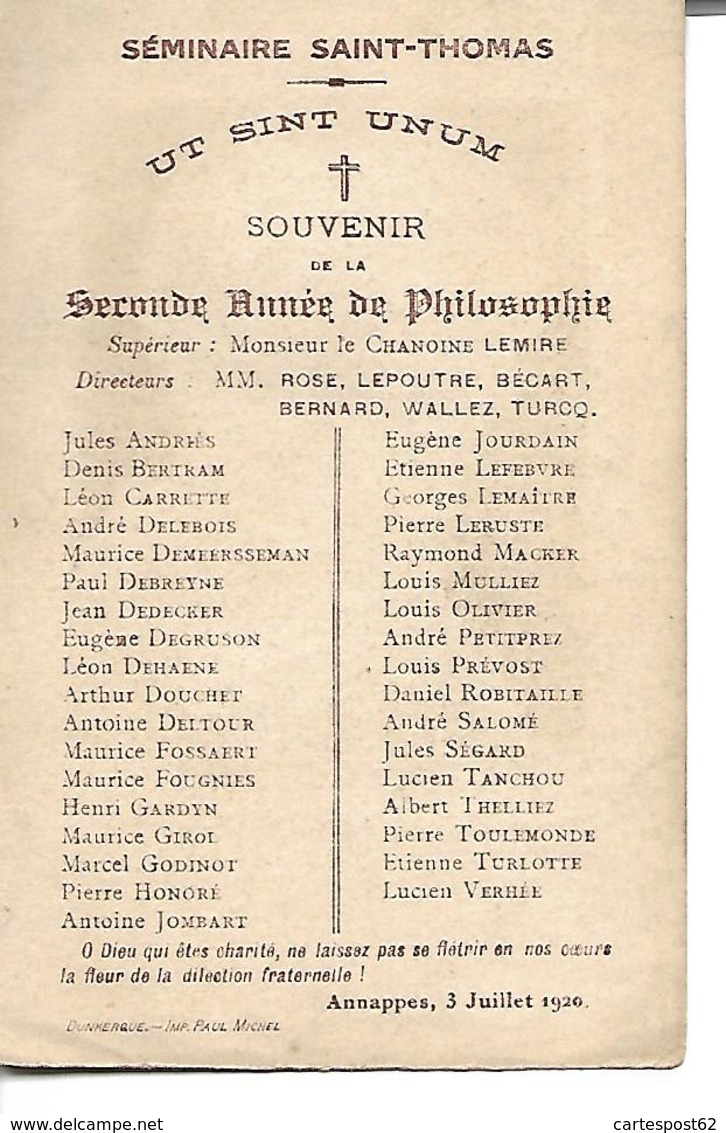 Annappes 1920. Séminaire Saint-Thomas. Seconde Année De Philosophie. (Chanoine Lemire) - Diplômes & Bulletins Scolaires