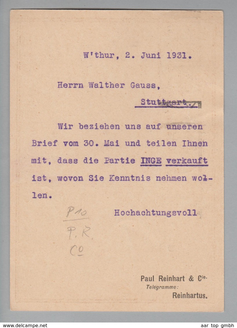 Schweiz GS Bildpostkarte 1931-06-02 Mit Perfin "P010" Privatzudruck Reinhart ! - Entiers Postaux