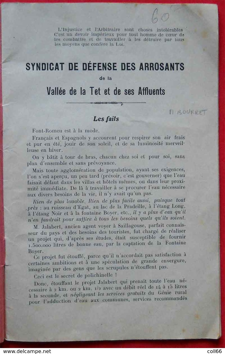 66 Brochure La Question Des Bouillouses 1929 Syndicat De Défense Des Arrosants éditeur Imp De L'Indépendant Catalogne - Historical Documents