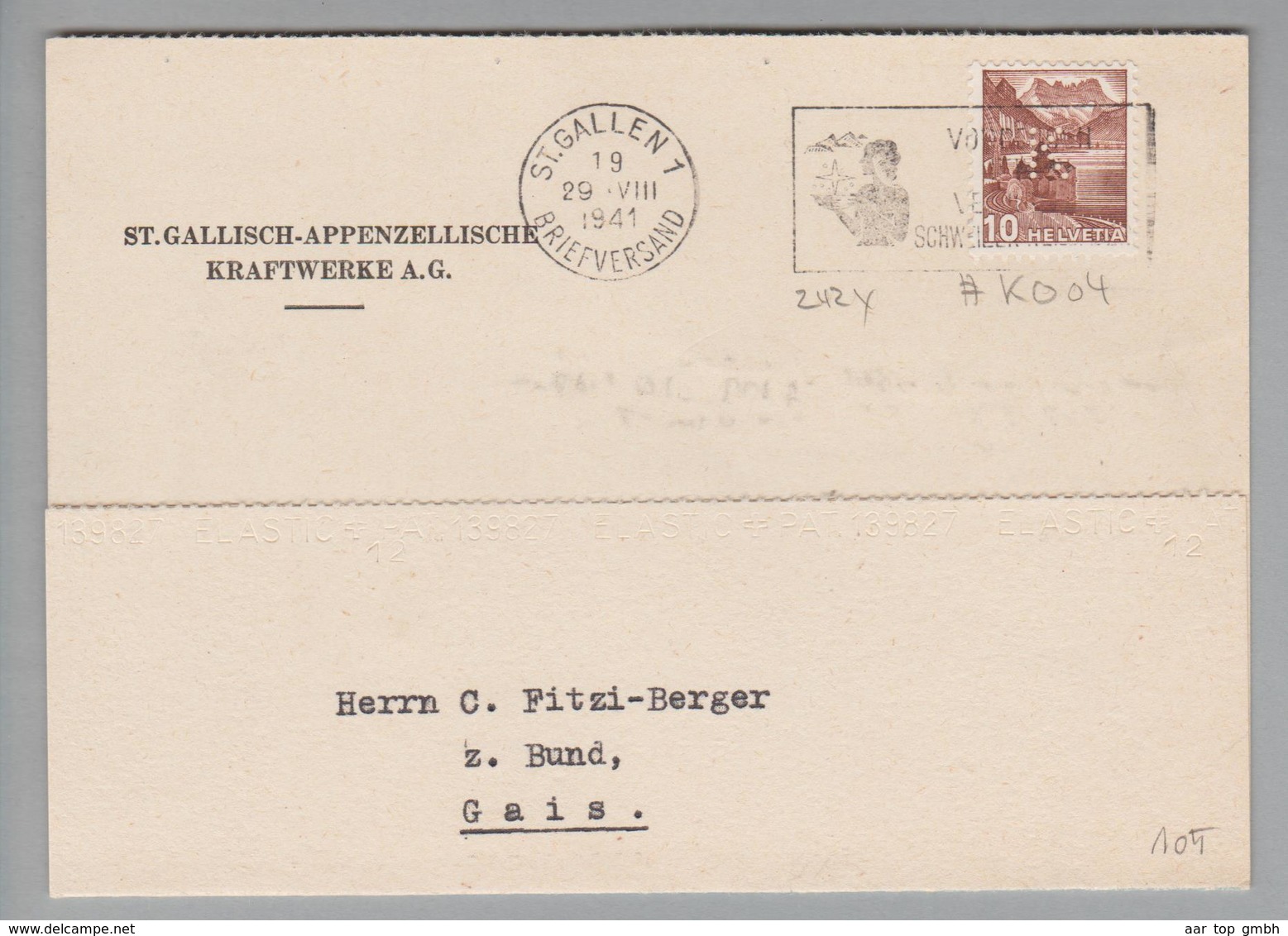 Schweiz 1941-08-29 St.Gallen1 Perfin Auf PK #K004 St.Gallisch-Appenzellische Kraftwerke AG - Lettres & Documents