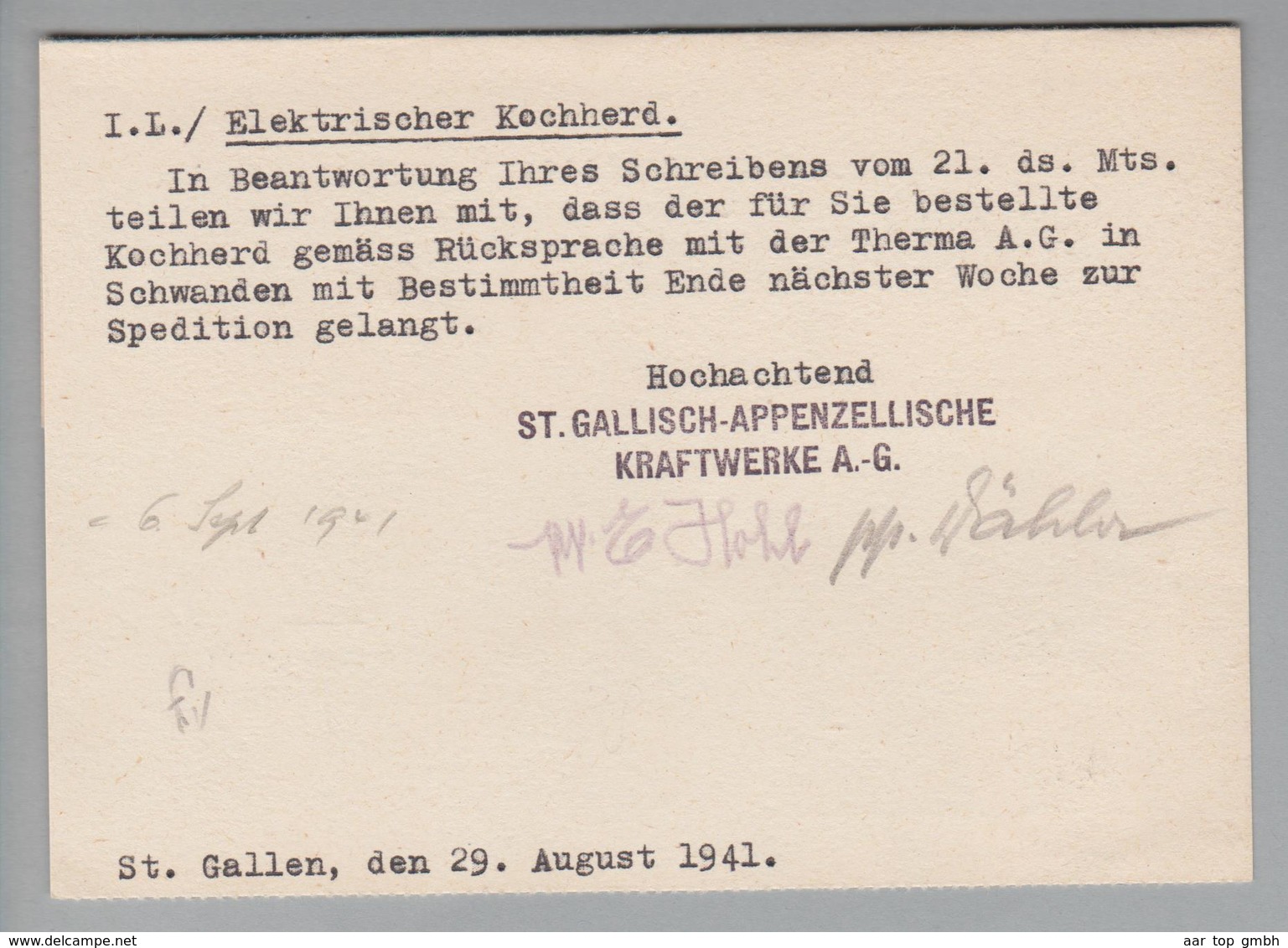 Schweiz 1941-08-29 St.Gallen1 Perfin Auf PK #K004 St.Gallisch-Appenzellische Kraftwerke AG - Briefe U. Dokumente