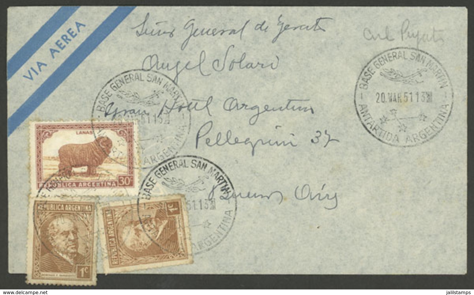 ARGENTINE ANTARCTICA: Airmail Cover Sent To Buenos Aires On 20/MAR/1951 Franked With 32c., Datestamped In GRAL. SAN MART - Briefe U. Dokumente